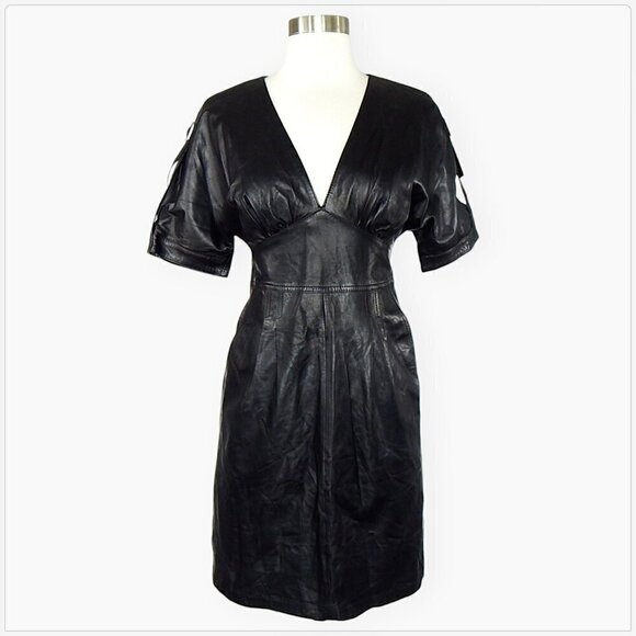 Hugo Boss 100% Leather Lambskin Black Empire Waist Buckles Pockets Dress XS - Picture 2 of 8